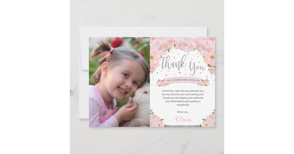 Blush Pink Floral Silver Glitter Birthday Photo Thank You Card | Zazzle