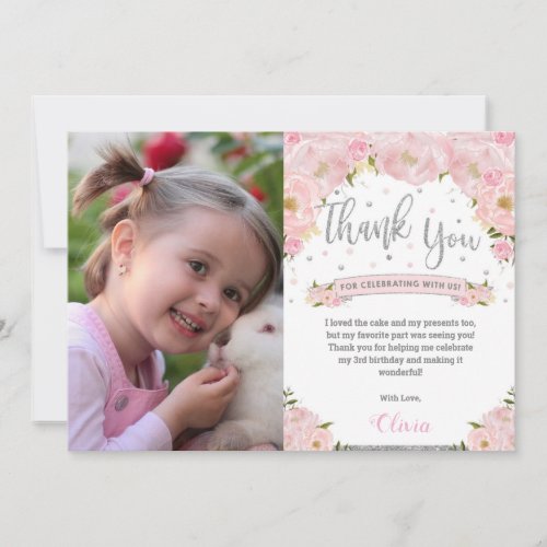 Blush Pink Floral Silver Glitter Birthday Photo Thank You Card