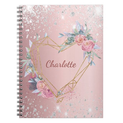 Blush pink floral silver glitter dust monogram  notebook