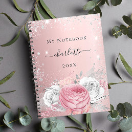 Blush pink floral silver glitter dust name script  notebook
