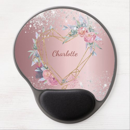 Blush pink floral silver glitter monogram elegant gel mouse pad