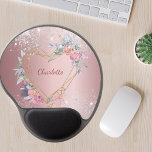 Blush pink floral silver glitter monogram elegant gel mouse pad<br><div class="desc">A blush pink ombre background. Faux silver glitter dust as decoration. A golden heart decorated with pink flowers.  Personalize and add a name. The name is written a modern hand lettered script.</div>