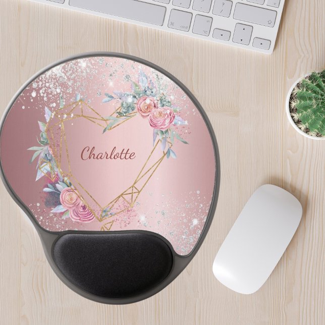 Blush pink floral silver glitter monogram elegant gel mouse pad (Creator Uploaded)
