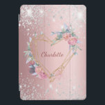 Blush pink floral silver glitter monogram elegant iPad pro cover<br><div class="desc">A blush pink metallic looking background. Faux silver glitter dust as decoration. A golden heart decorated with pink flowers.  Personalize and add a name. The name is written a modern hand lettered script.</div>