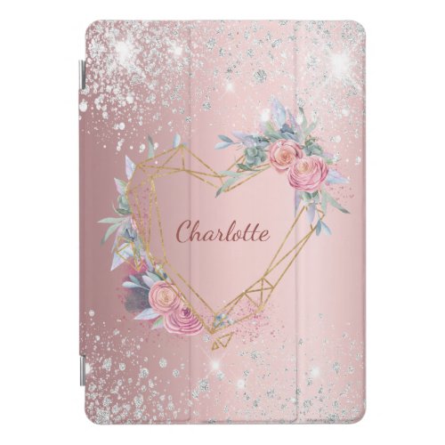 Blush pink floral silver glitter monogram elegant iPad pro cover