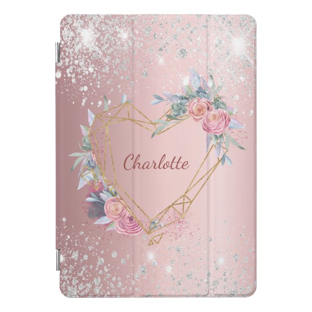Blush pink floral silver glitter monogram elegant iPad pro cover (Front)