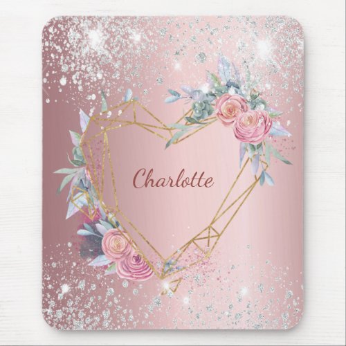 Blush pink floral silver glitter monogram elegant mouse pad