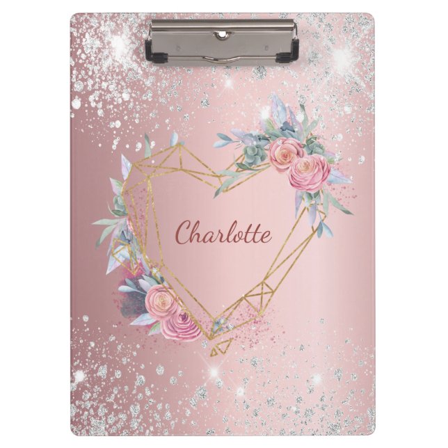 Blush pink floral silver glitter monogram name clipboard (Front)