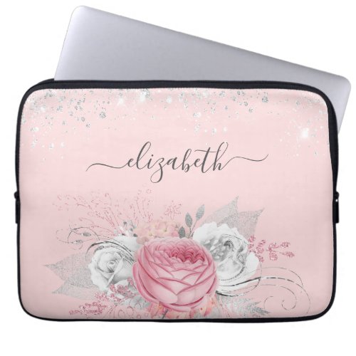 Blush pink floral silver glitter name laptop sleeve