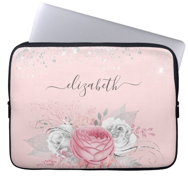Blush pink floral silver glitter name laptop sleeve (Front)
