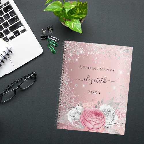 Blush pink floral silver glitter name script 2024 planner