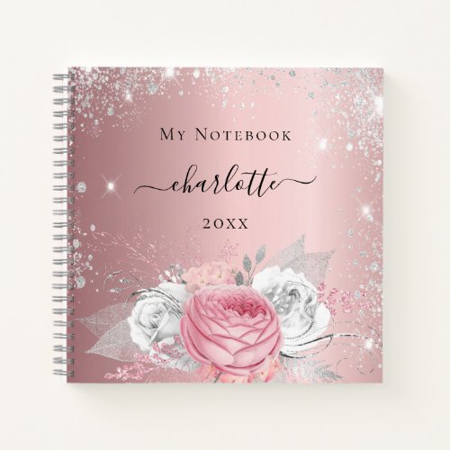 Blush pink floral silver glitter name script notebook
