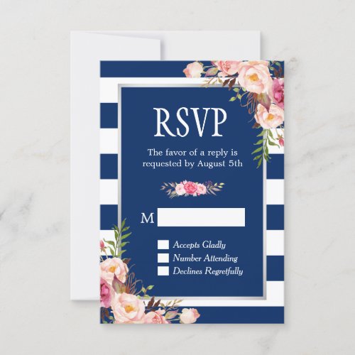 Blush Pink Floral Silver Navy Blue Stripes Wedding RSVP Card