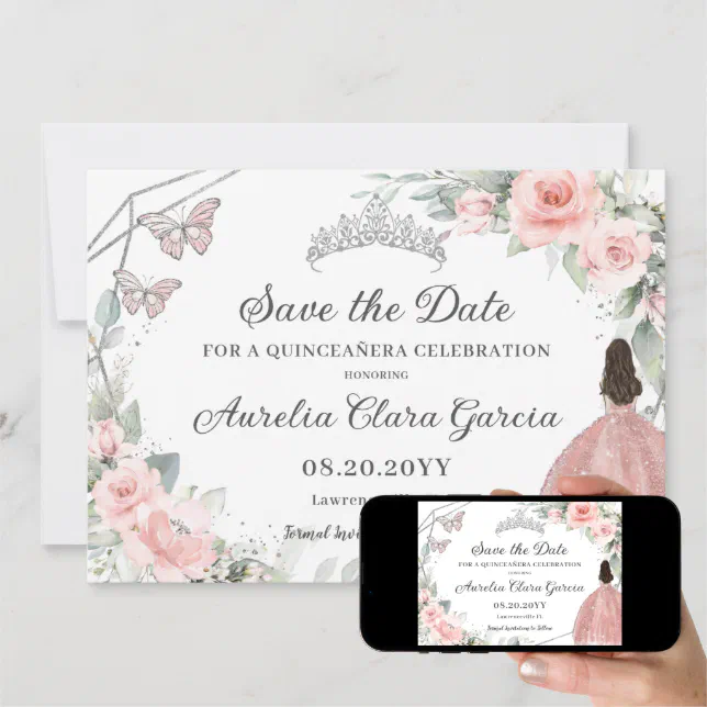 Blush Pink Floral Silver Quinceanera Sweet Sixteen Save The Date | Zazzle