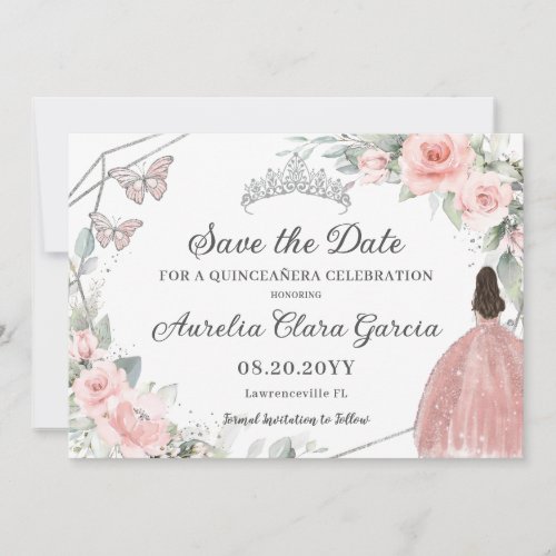 Blush Pink Floral Silver Quinceanera Sweet Sixteen Save The Date