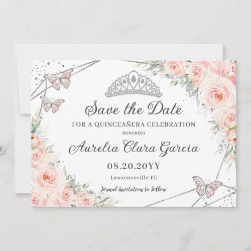 Blush Pink Floral Silver Quinceaera Sweet Sixteen Save The Date