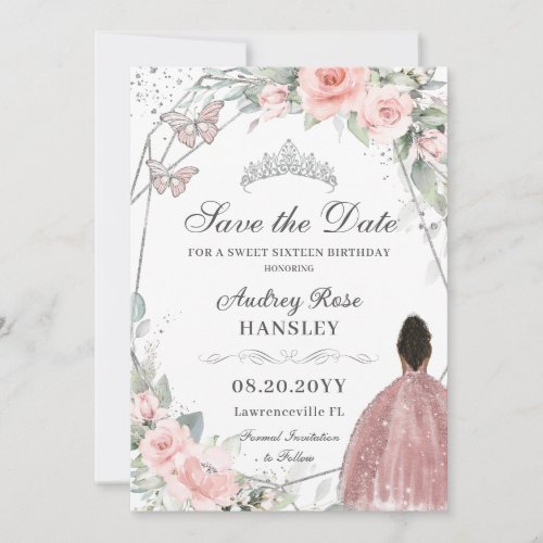Blush Pink Floral Silver Sweet Sixteen Brown Girl Save The Date