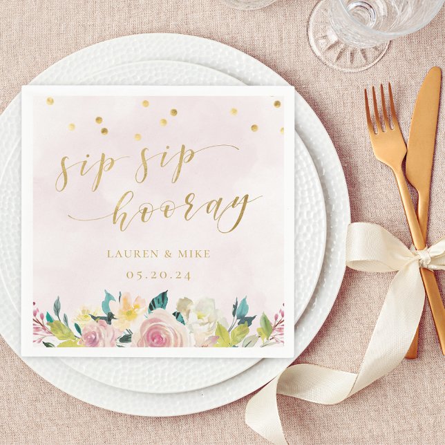 Blush Pink Floral Sip Sip Hooray Bridal Shower Napkins (Creator Uploaded)