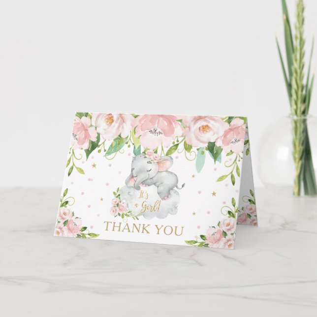 Blush Pink Floral Sleeping Elephant Baby Shower Thank You Card (Front)