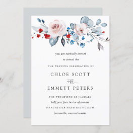 Blush Pink Floral Soft Blue a Dash of Red Wedding Invitation