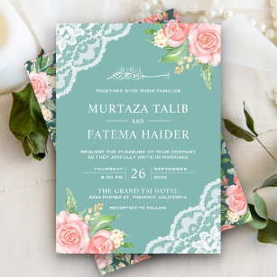 Blush Pink Floral Soft Pastel Teal Muslim Wedding Invitation