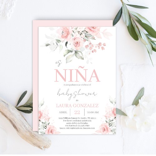 Blush Pink Floral Spanish Baby Shower Girl Invitation