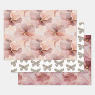 Blush Pink Floral Sparkle Butterfly Birthday Wrapping Paper Sheets