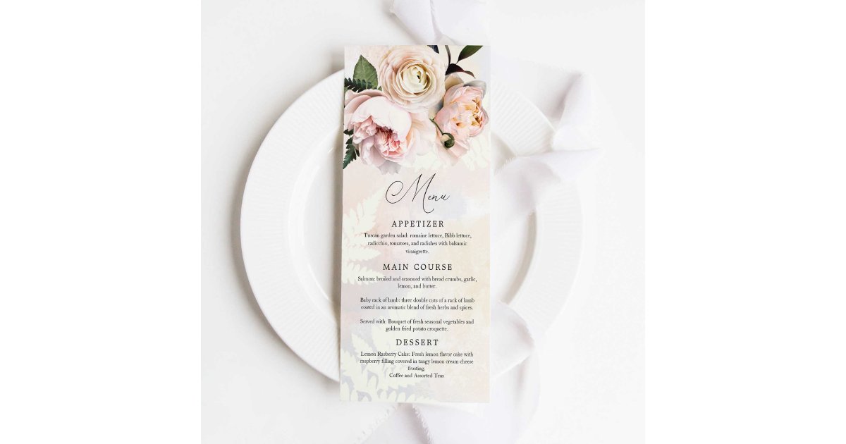 Blush Pink Floral Spring Garden Wedding Menu | Zazzle