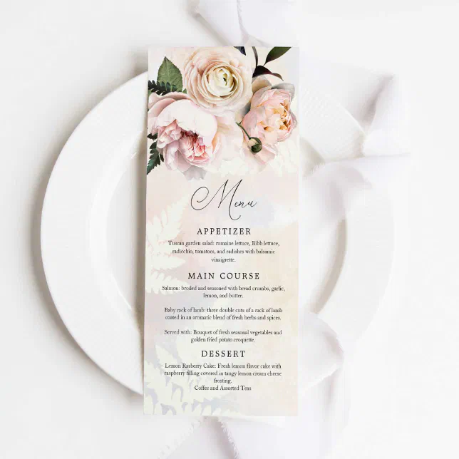Blush Pink Floral Spring Garden Wedding Menu | Zazzle