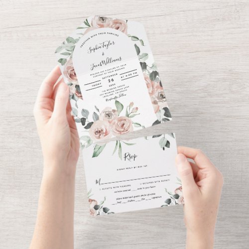 Blush Pink Floral Spring Wedding with RSVP All In One Invitation