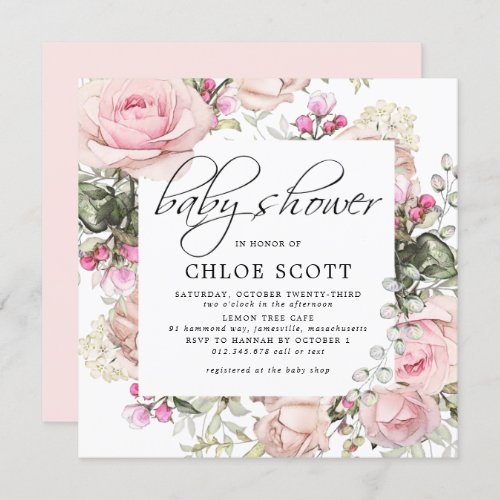 Blush Pink Floral Square Baby Shower Invitation