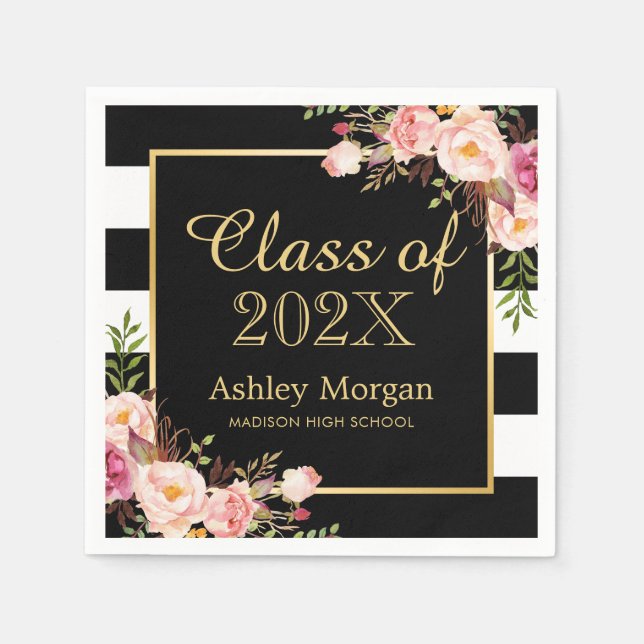 Blush Pink Floral Stripes Class of 2025 Graduation Napkins (Front)
