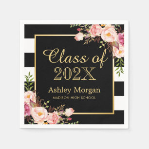Blush Pink Floral Stripes Class of 2026 Graduation Napkins