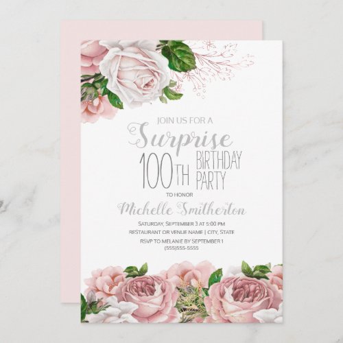 Blush Pink Floral Surprise 100th Birthday Invitation