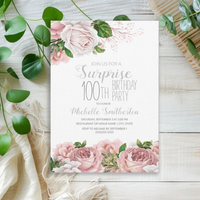 Blush Pink Floral Surprise 100th Birthday Invitation (Blush pink vintage floral surprise 100th birthday party invitation)