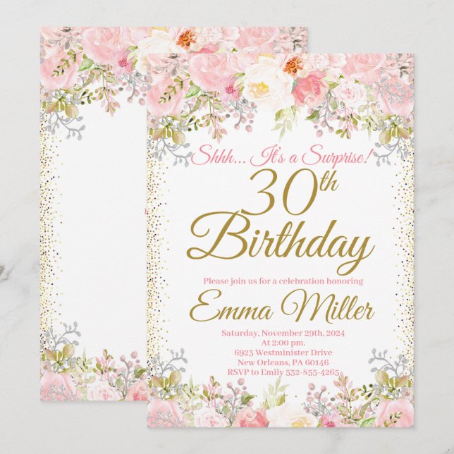 Blush Pink Floral Surprise 30th Birthday Invitation (Front/Back)