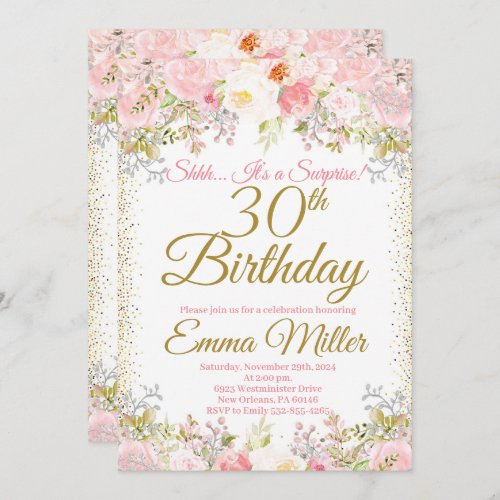 Blush Pink Floral Surprise 30th Birthday Invitation