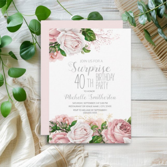 Blush Pink Floral Surprise 40th Birthday Invitation (Elegant pink vintage floral surprise 40th birthday party invitation)