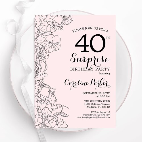 Blush Pink Floral Surprise 40th Birthday Party Invitation