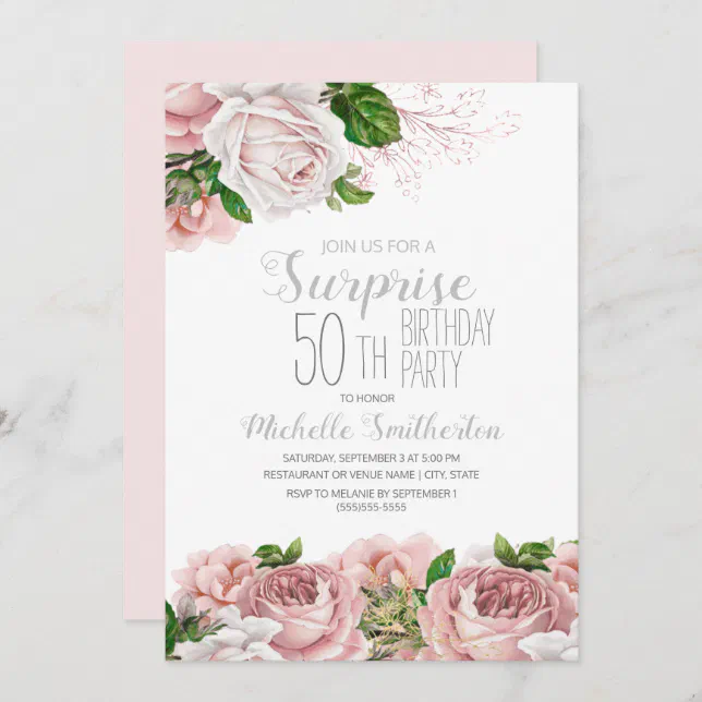 Blush Pink Floral Surprise 50th Birthday Invitation 