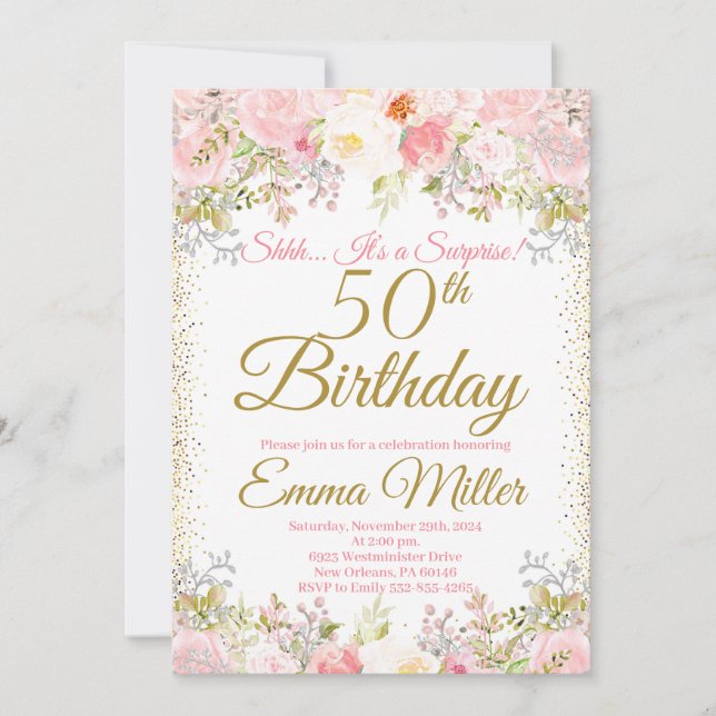 Blush Pink Floral Surprise 50th Birthday Invitation (Front)