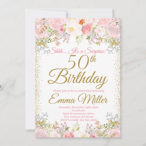 Blush Pink Floral Surprise 50th Birthday Invitation