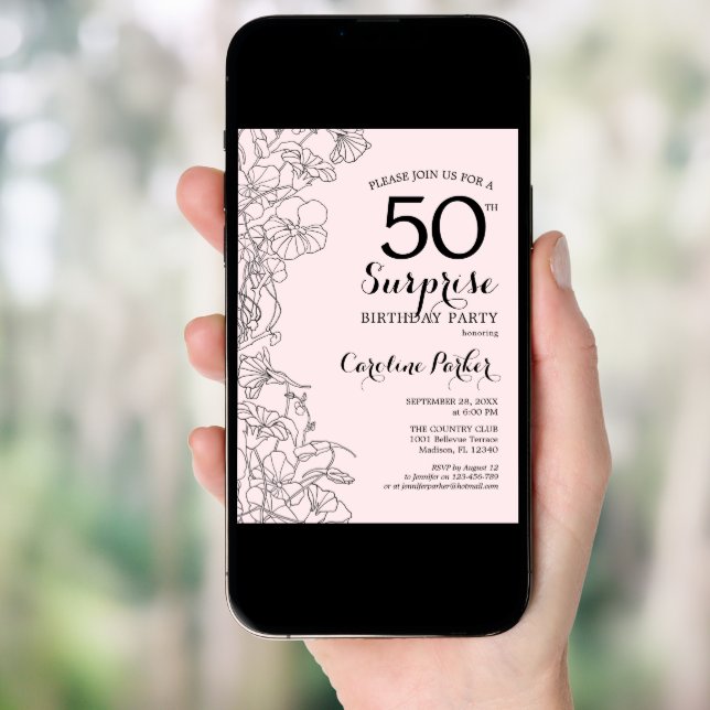 Blush Pink Floral Surprise 50th Birthday Party Invitation (Front Digital)