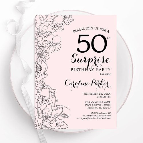 Blush Pink Floral Surprise 50th Birthday Party Invitation