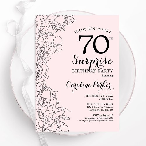 Blush Pink Floral Surprise 70th Birthday Party Invitation