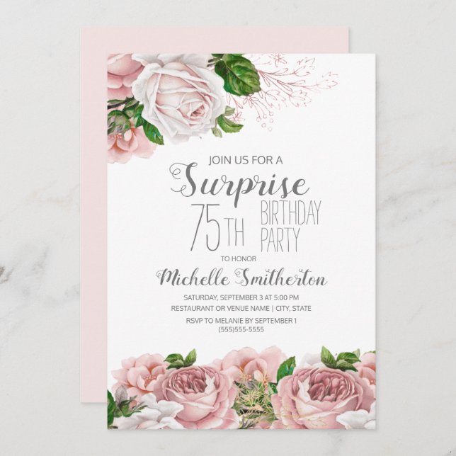 Blush Pink Floral Surprise 75th Birthday Women Invitation (Front/Back)