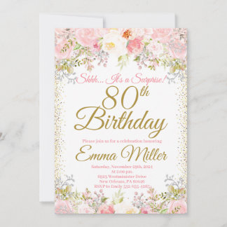Blush Pink Floral Surprise 80th Birthday Invitation