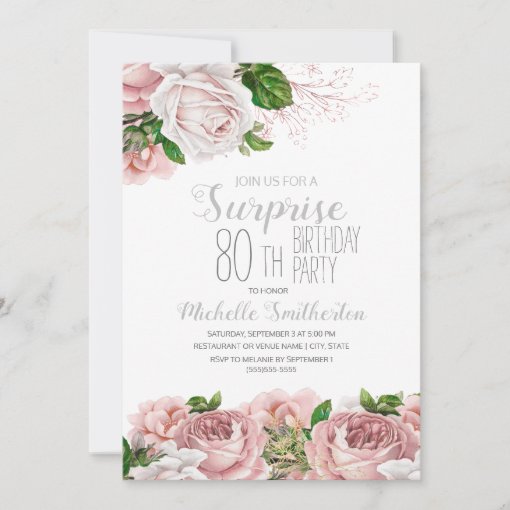 Blush Pink Floral Surprise 80th Birthday Invitation | Zazzle