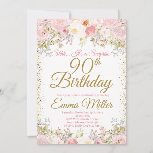 Blush Pink Floral Surprise 90th Birthday Invitation