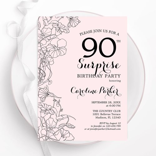 Blush Pink Floral Surprise 90th Birthday Party Invitation